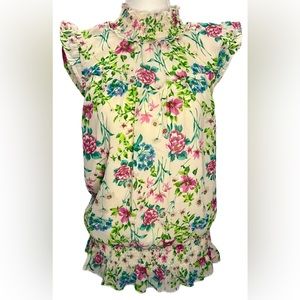 MIDNIGHT SKY sleeveless top Size L Floral Blouse smocked neck & hem Country Girl